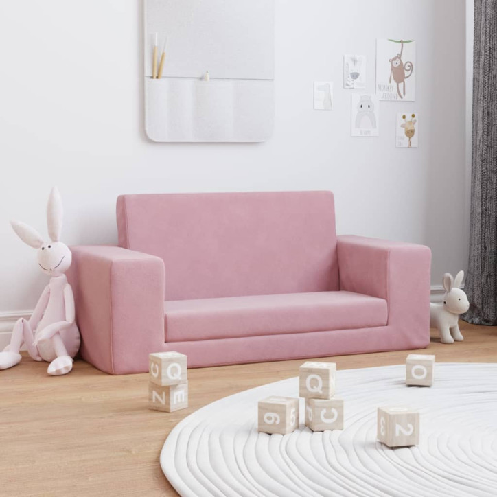 Vaikiška dvivietė sofa-lova, rožinės spalvos, minkštas pliušas