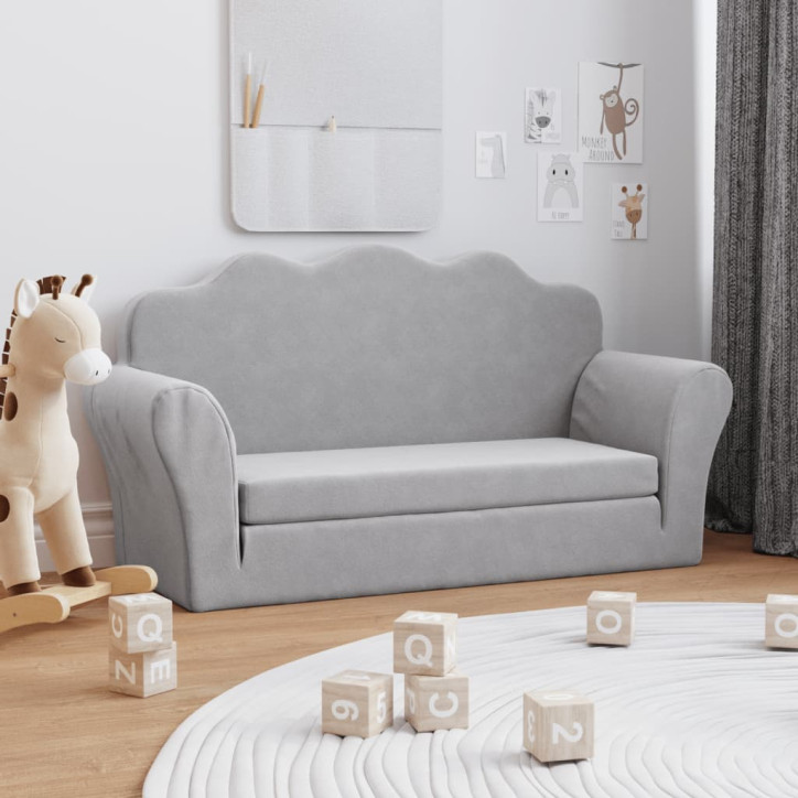 Vaikiška dvivietė sofa-lova, šviesiai pilka, minkštas pliušas