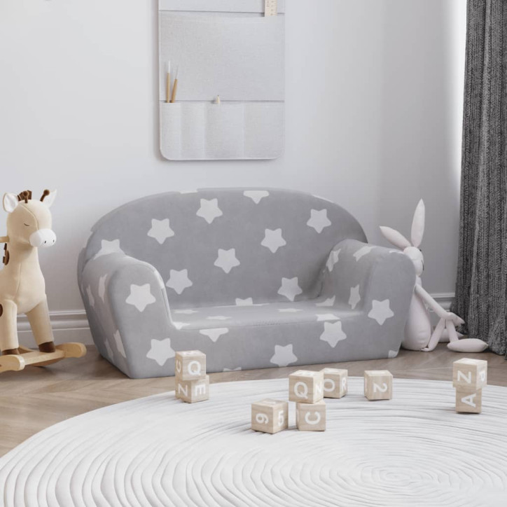 Vaikiška dvivietė sofa, pilka, minkštas pliušas, su žvaigždėmis