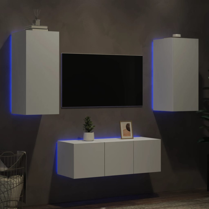 Sieninė TV sekcija su LED, 4 dalių, balta, apdirbta mediena