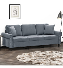 Trivietė sofa su pagalvėlėmis, tamsiai pilka, 180cm, aksomas