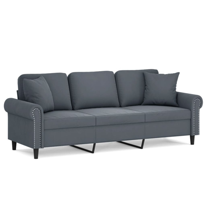 Trivietė sofa su pagalvėlėmis, tamsiai pilka, 180cm, aksomas