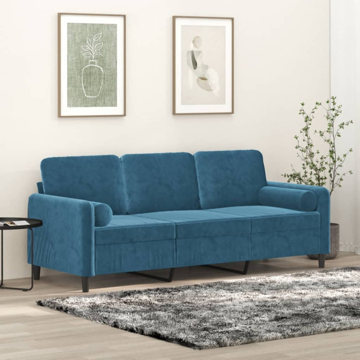 Trivietė sofa su pagalvėlėmis, mėlynos spalvos, 180cm, aksomas