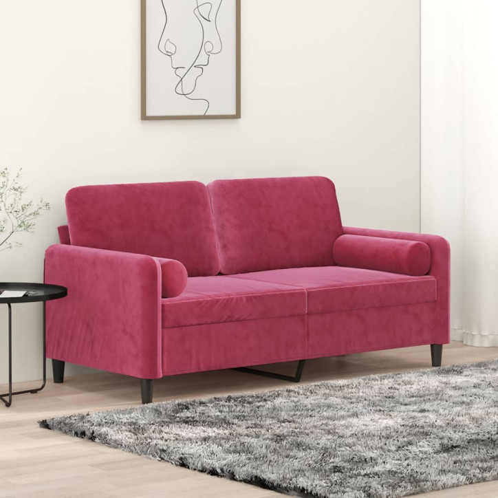 Dvivietė sofa su pagalvėlėmis, raudonojo vyno, 140cm, aksomas