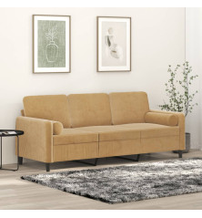 Trivietė sofa su pagalvėlėmis, rudos spalvos, 180cm, aksomas