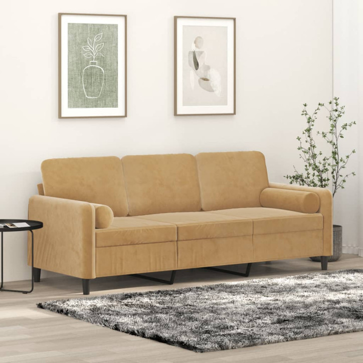 Trivietė sofa su pagalvėlėmis, rudos spalvos, 180cm, aksomas