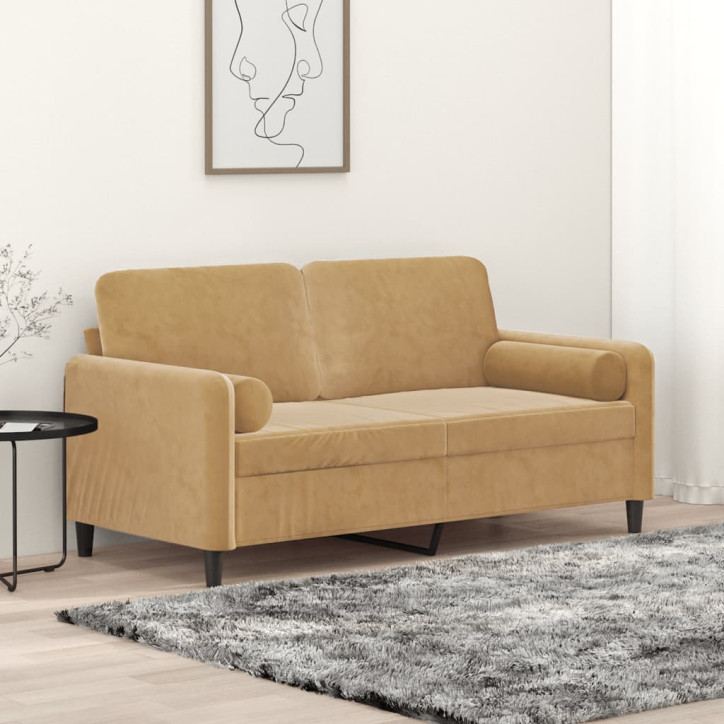 Dvivietė sofa su pagalvėlėmis, rudos spalvos, 140cm, aksomas