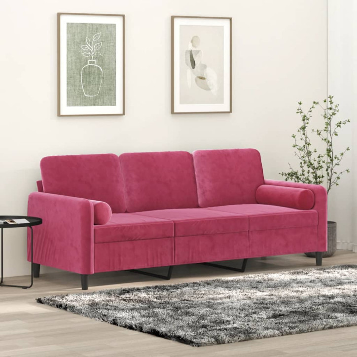 Trivietė sofa su pagalvėlėmis, raudonojo vyno, 180cm, aksomas