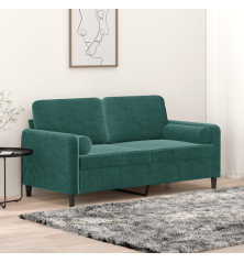 Dvivietė sofa su pagalvėlėmis, tamsiai žalia, 140cm, aksomas