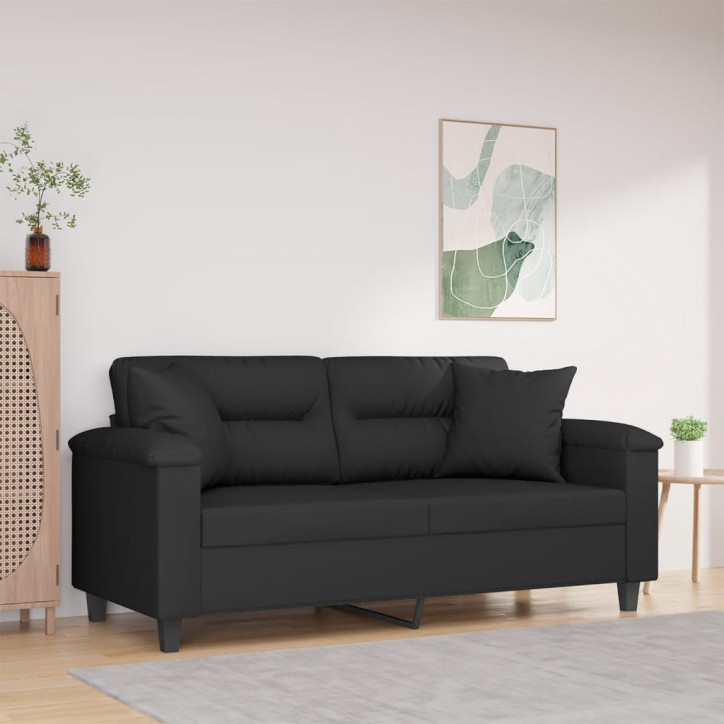 Dvivietė sofa su pagalvėmis, juoda, 140cm, mikropluošto audinys