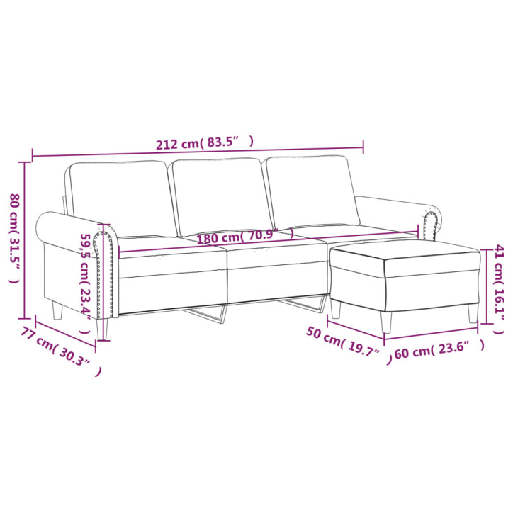 Trivietė sofa su pakoja, šviesiai pilka, 180cm, aksomas