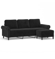 Trivietė sofa su pakoja, juodos spalvos, 180cm, aksomas