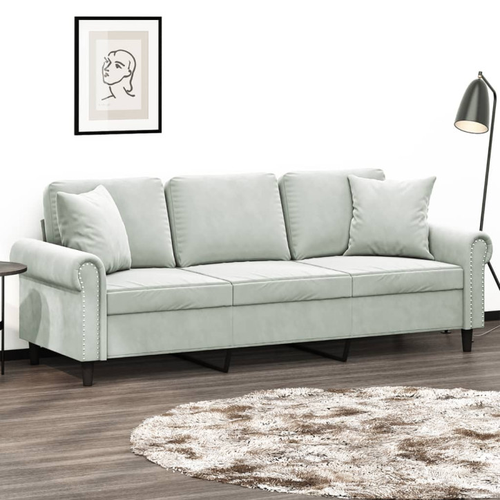 Trivietė sofa su pagalvėlėmis, šviesiai pilka, 180cm, aksomas