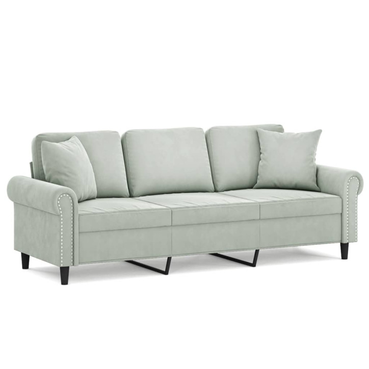 Trivietė sofa su pagalvėlėmis, šviesiai pilka, 180cm, aksomas