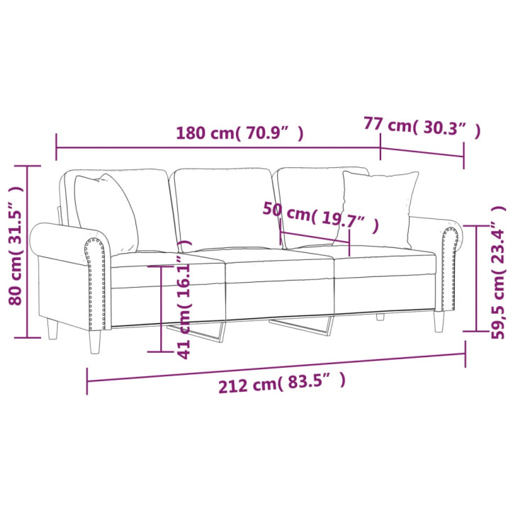 Trivietė sofa su pagalvėlėmis, šviesiai pilka, 180cm, aksomas