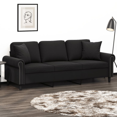 Trivietė sofa su pagalvėlėmis, juodos spalvos, 180cm, aksomas