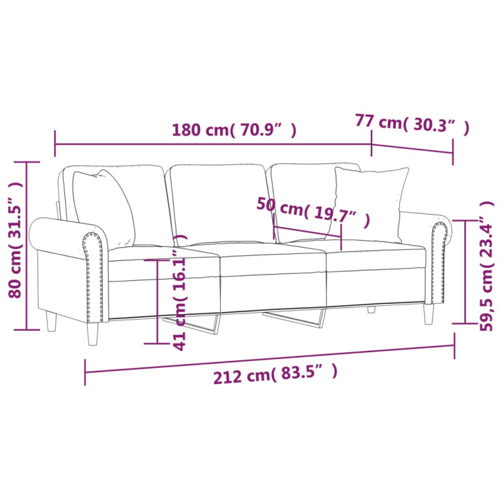 Trivietė sofa su pagalvėlėmis, juodos spalvos, 180cm, aksomas