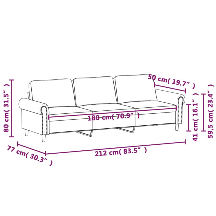 Trivietė sofa, juodos spalvos, 180cm, aksomas