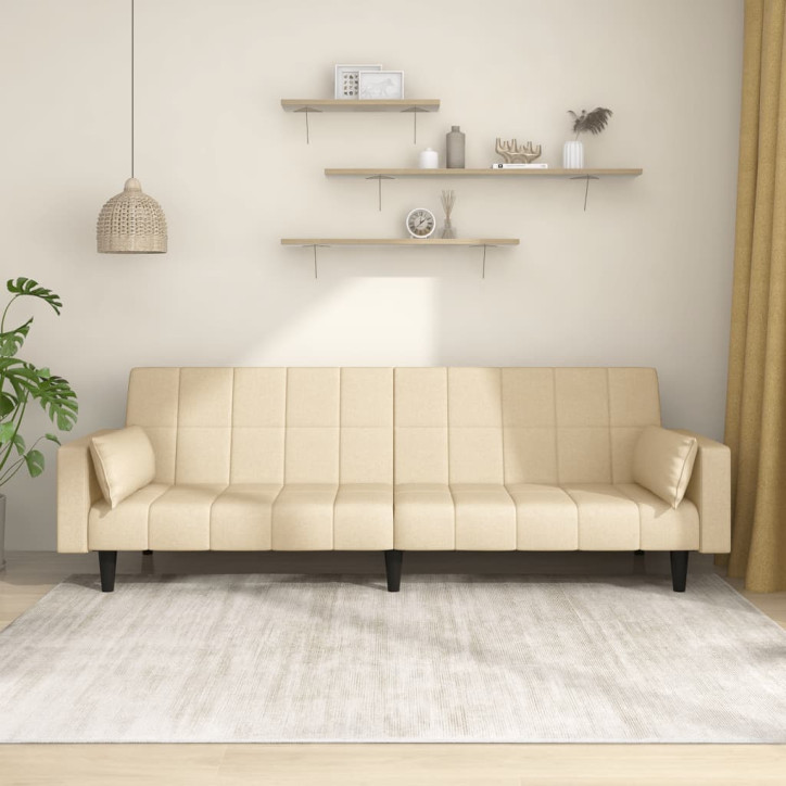 Dvivietė sofa-lova su dvejomis pagalvėmis, kreminė, audinys