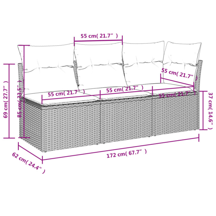 Trivietė sodo sofa su pagalvėlėmis, smėlio spalvos, poliratanas