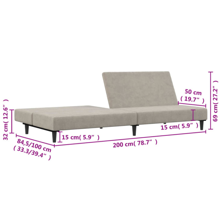 Dvivietė sofa-lova, šviesiai pilkos spalvos, aksomas