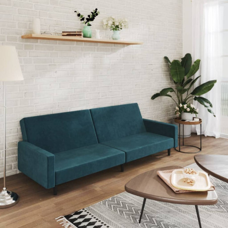 Dvivietė sofa-lova, mėlynos spalvos, aksomas