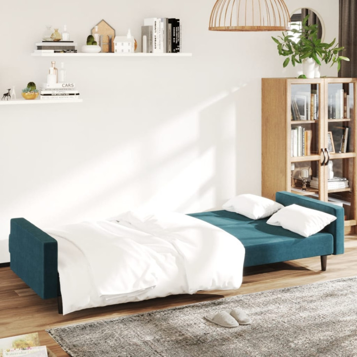 Dvivietė sofa-lova, mėlynos spalvos, aksomas