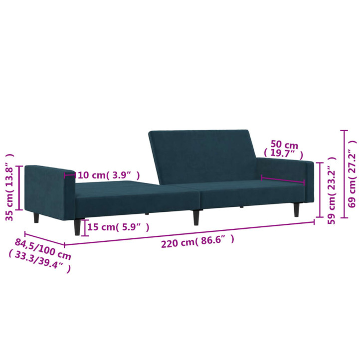 Dvivietė sofa-lova, mėlynos spalvos, aksomas