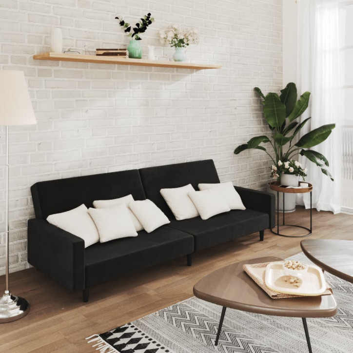 Dvivietė sofa-lova, juodos spalvos, aksomas