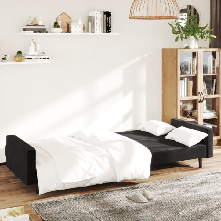 Dvivietė sofa-lova, juodos spalvos, aksomas