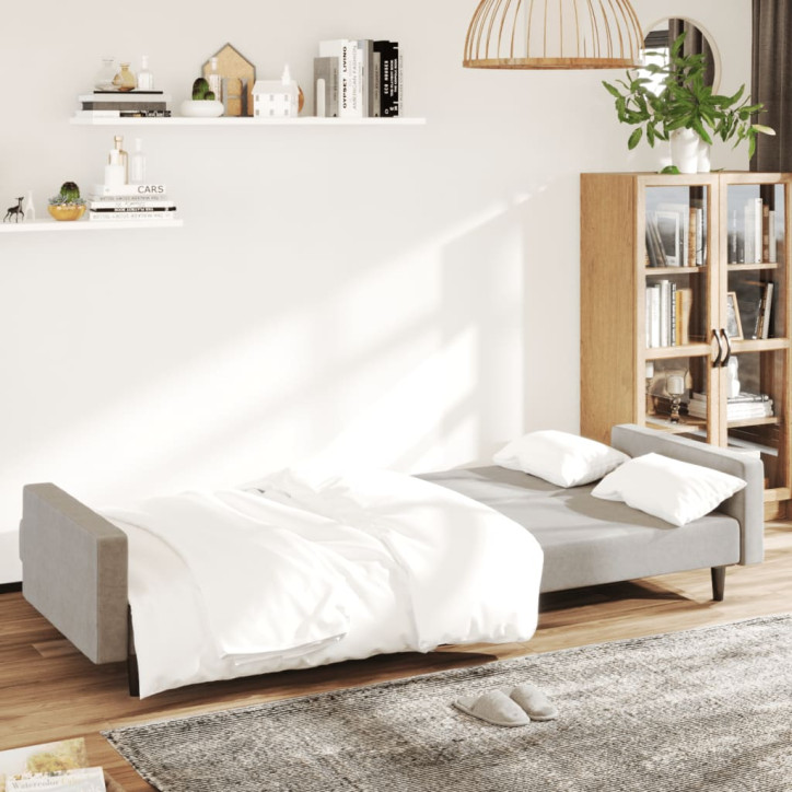 Dvivietė sofa-lova, šviesiai pilkos spalvos, aksomas