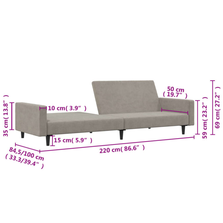 Dvivietė sofa-lova, šviesiai pilkos spalvos, aksomas