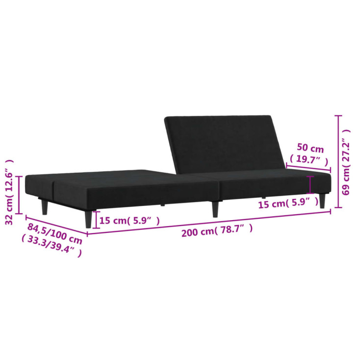 Dvivietė sofa-lova, juodos spalvos, aksomas