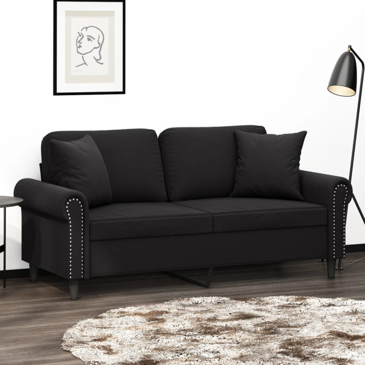 Dvivietė sofa su pagalvėlėmis, juodos spalvos, 140cm, aksomas