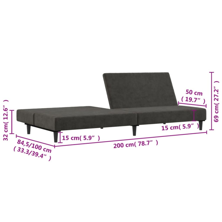 Dvivietė sofa-lova, tamsiai pilkos spalvos, aksomas