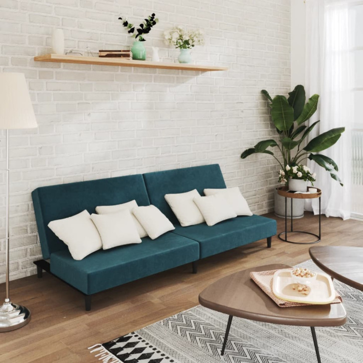 Dvivietė sofa-lova, mėlynos spalvos, aksomas