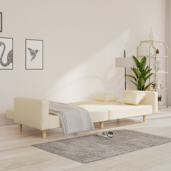 Dvivietė sofa-lova su dvejomis pagalvėmis, kreminė, audinys