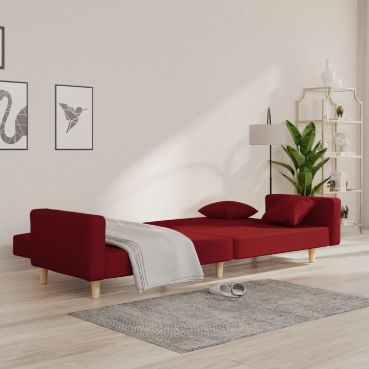 Dvivietė sofa-lova su dvejomis pagalvėmis, vyno, audinys