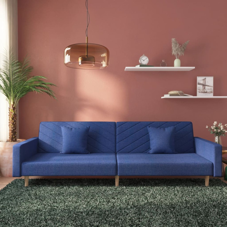 Dvivietė sofa-lova su dvejomis pagalvėmis, mėlyna, audinys