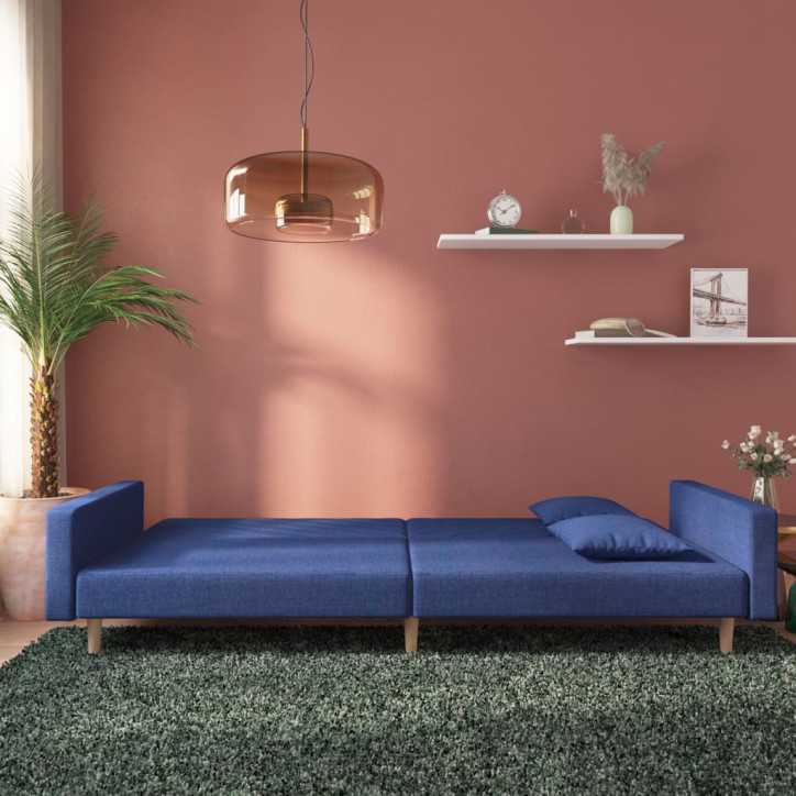 Dvivietė sofa-lova su dvejomis pagalvėmis, mėlyna, audinys