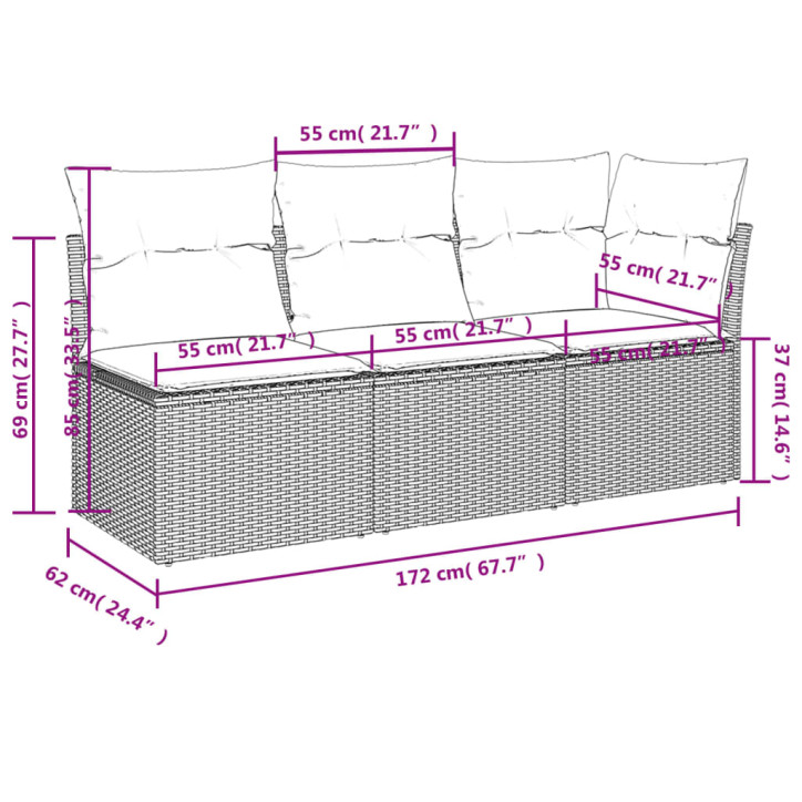 Trivietė sodo sofa su pagalvėlėmis, juodos spalvos, poliratanas