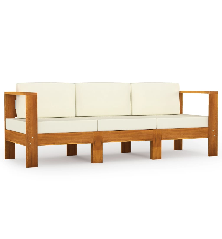 Trivietė sodo sofa su kreminėmis pagalvėmis, akacijos masyvas