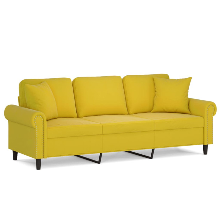 Trivietė sofa su pagalvėlėmis, geltonos spalvos, 180cm, aksomas