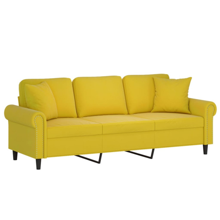 Trivietė sofa su pagalvėlėmis, geltonos spalvos, 180cm, aksomas