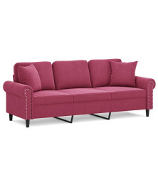 Trivietė sofa su pagalvėlėmis, raudonojo vyno, 180cm, aksomas