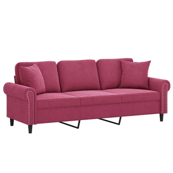 Trivietė sofa su pagalvėlėmis, raudonojo vyno, 180cm, aksomas