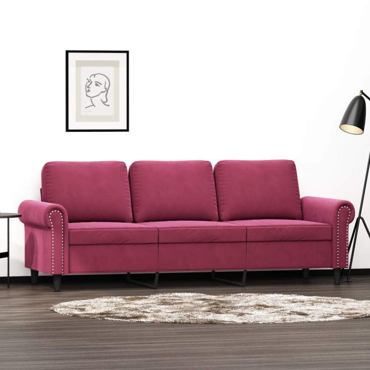 Trivietė sofa, raudonojo vyno spalvos, 180cm, aksomas