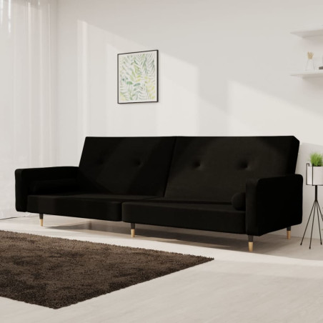 Dvivietė sofa-lova su dvejomis pagalvėmis, juoda, aksomas