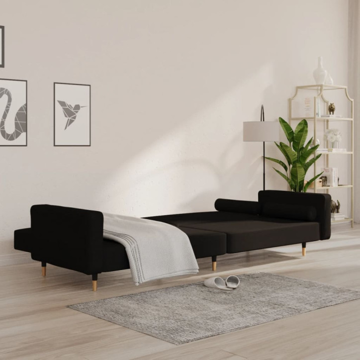 Dvivietė sofa-lova su dvejomis pagalvėmis, juoda, aksomas