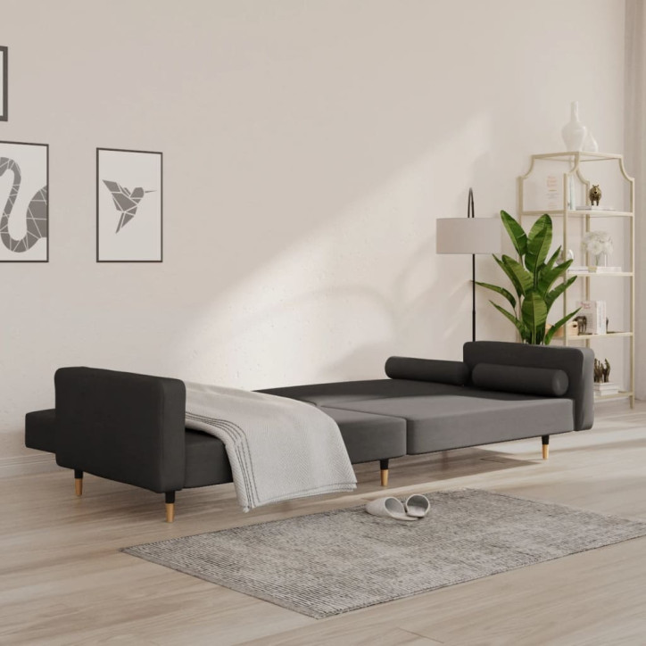 Dvivietė sofa-lova su dvejomis pagalvėmis, pilka, aksomas